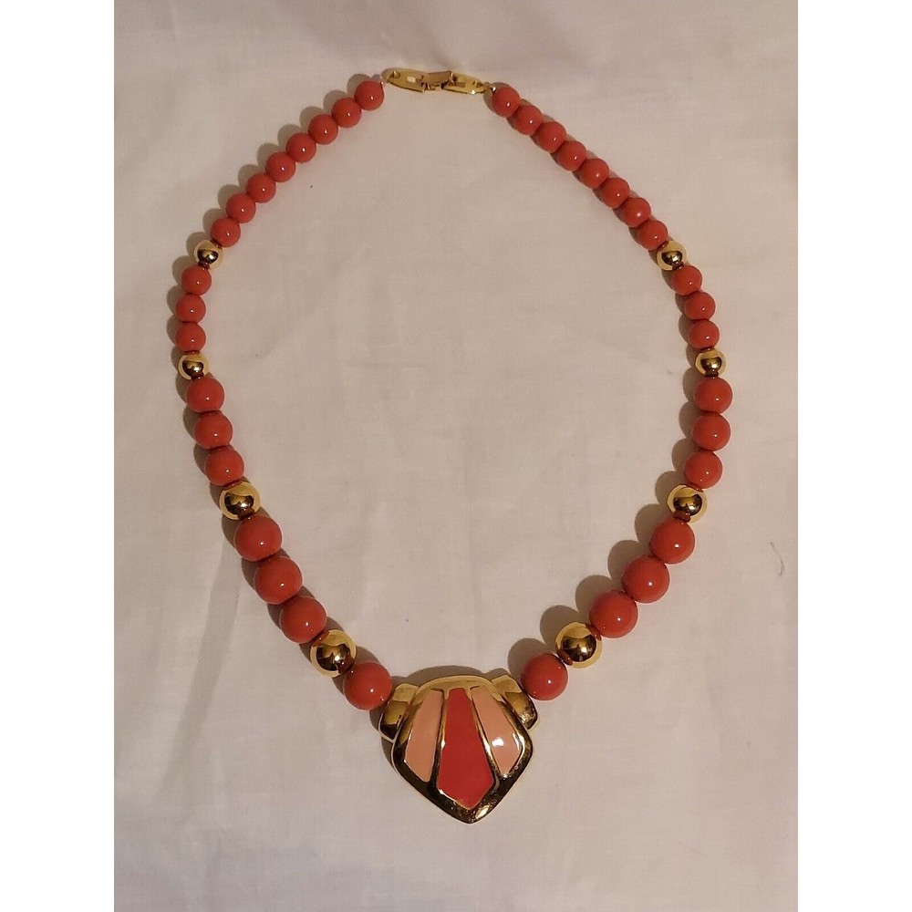 Napier 17 Inch Coral Goldtone Beaded Necklace With Pink Coral Goldtone Pendant